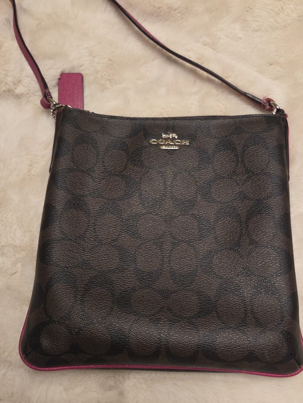 Coach Brown Signature Crossbody with Pink Trim